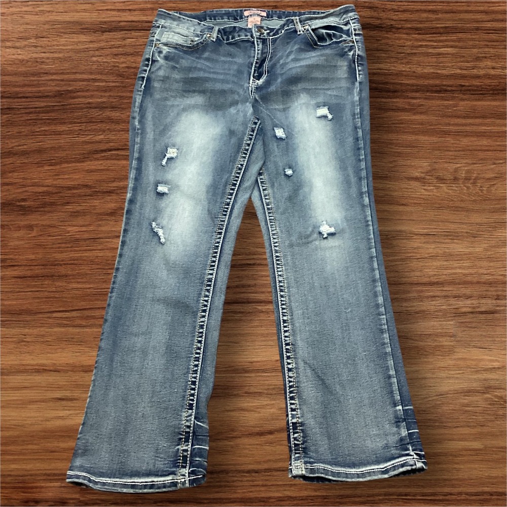 True Luck Womens Distressed Bootcut Jeans Blue Medium Wash Size 18 Stretch